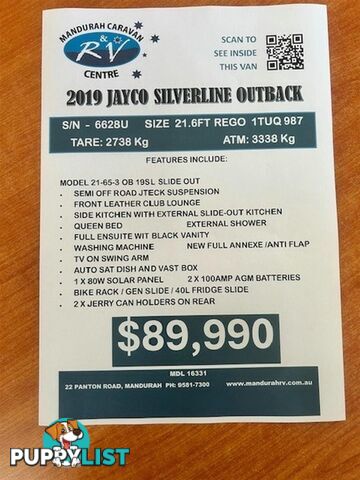 2019 JAYCO SILVERLINE OUTBACK 21-65-3 OB.19SL SLID CARAVAN