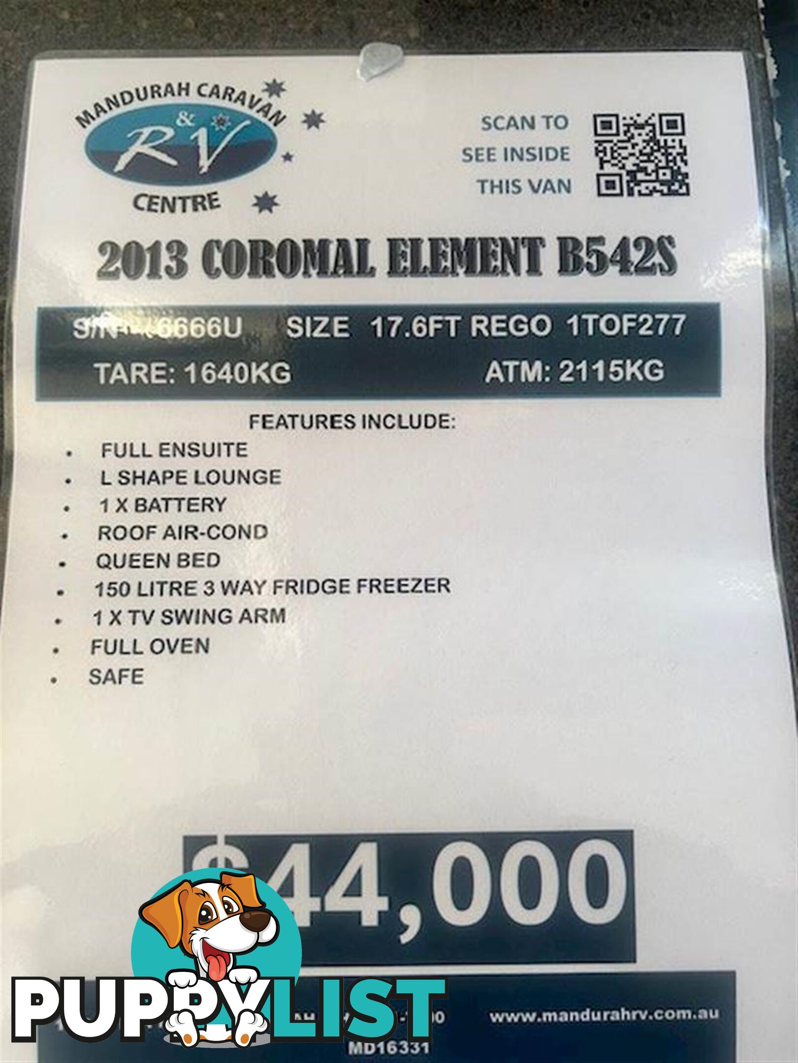 2013 COROMAL ELEMENT B542S QUEEN BED CARAVAN