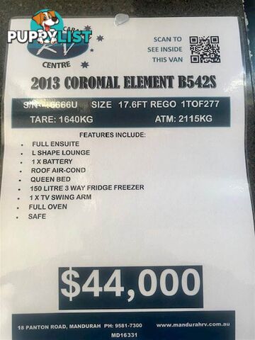 2013 COROMAL ELEMENT B542S QUEEN BED CARAVAN