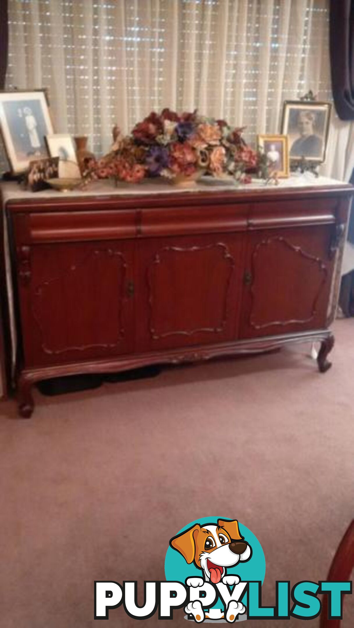 Antique Marble / Brass Candlesticks. Cedar Sideboard. Round Table