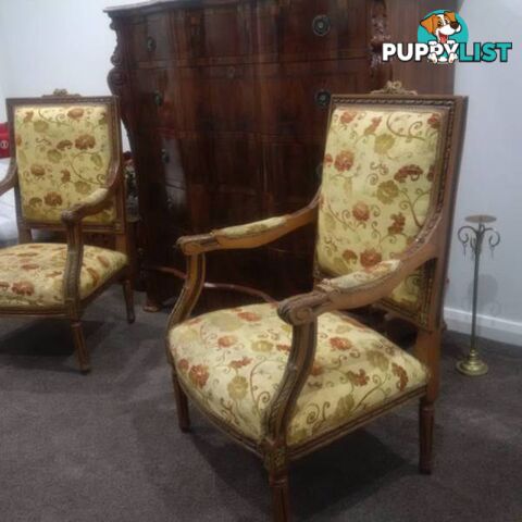 Chairs. Round 1.2m Glass Top Table. Sideboard. Vintage Armchairs