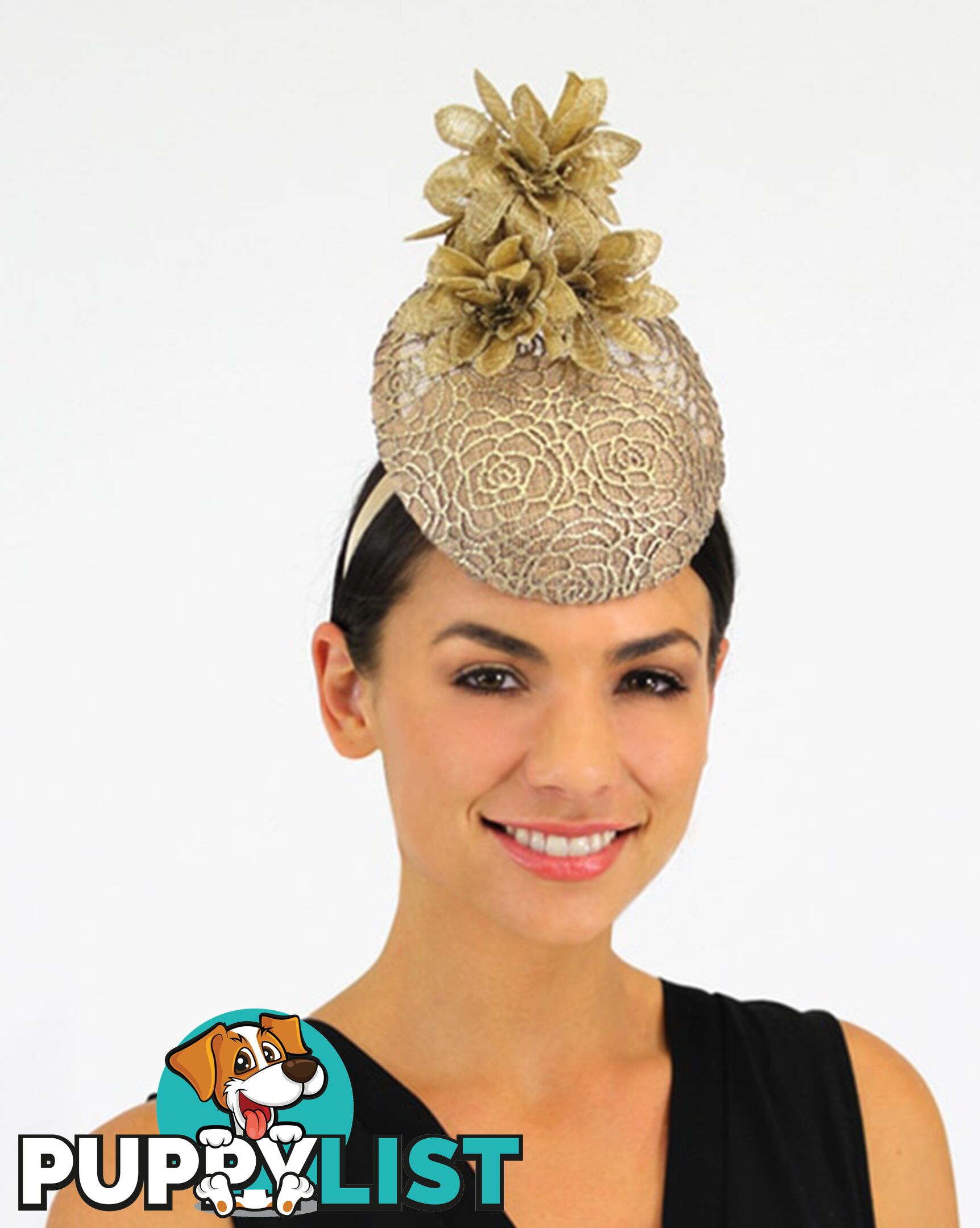 JENDI Percher Fascinator Golden Lace w/ Golden Flowers