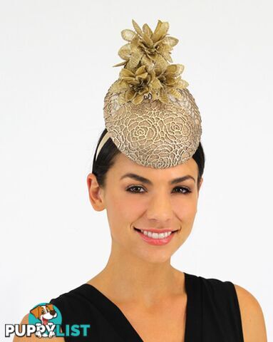 JENDI Percher Fascinator Golden Lace w/ Golden Flowers