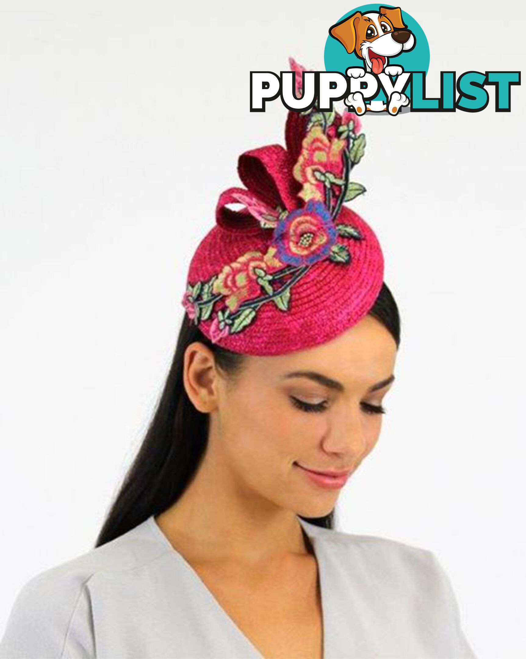 JENDI Fascinator Fuchsia w/ Pink Embroidered Floral