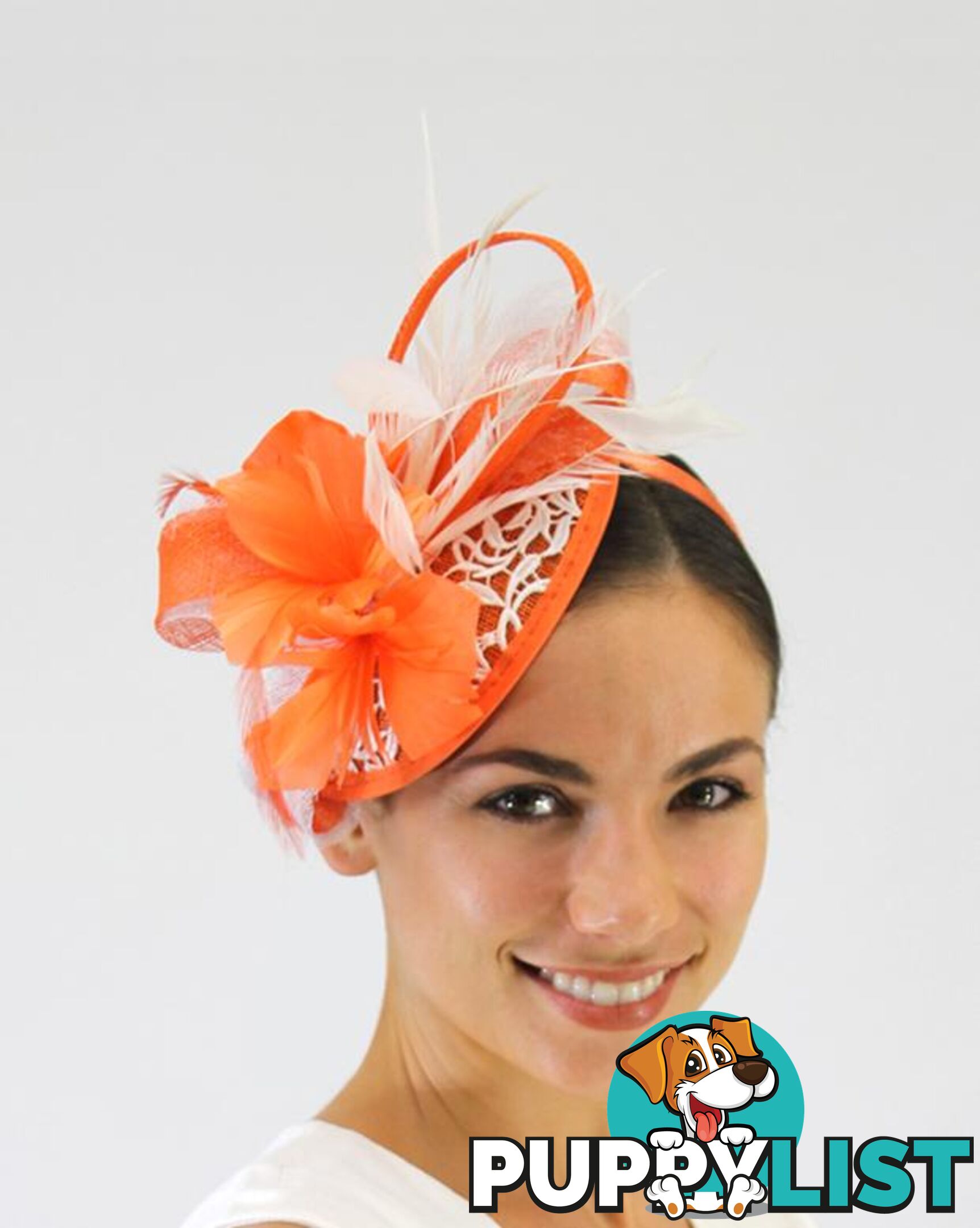 JENDI Tangerine Lace & Feather Fascinator