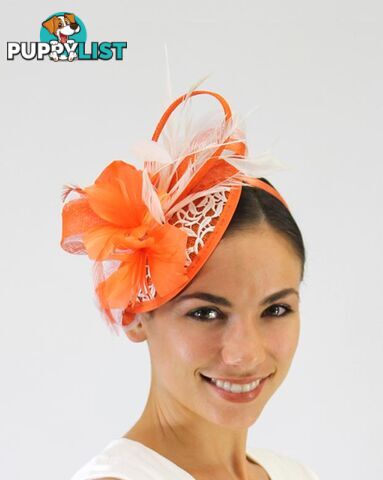 JENDI Tangerine Lace & Feather Fascinator