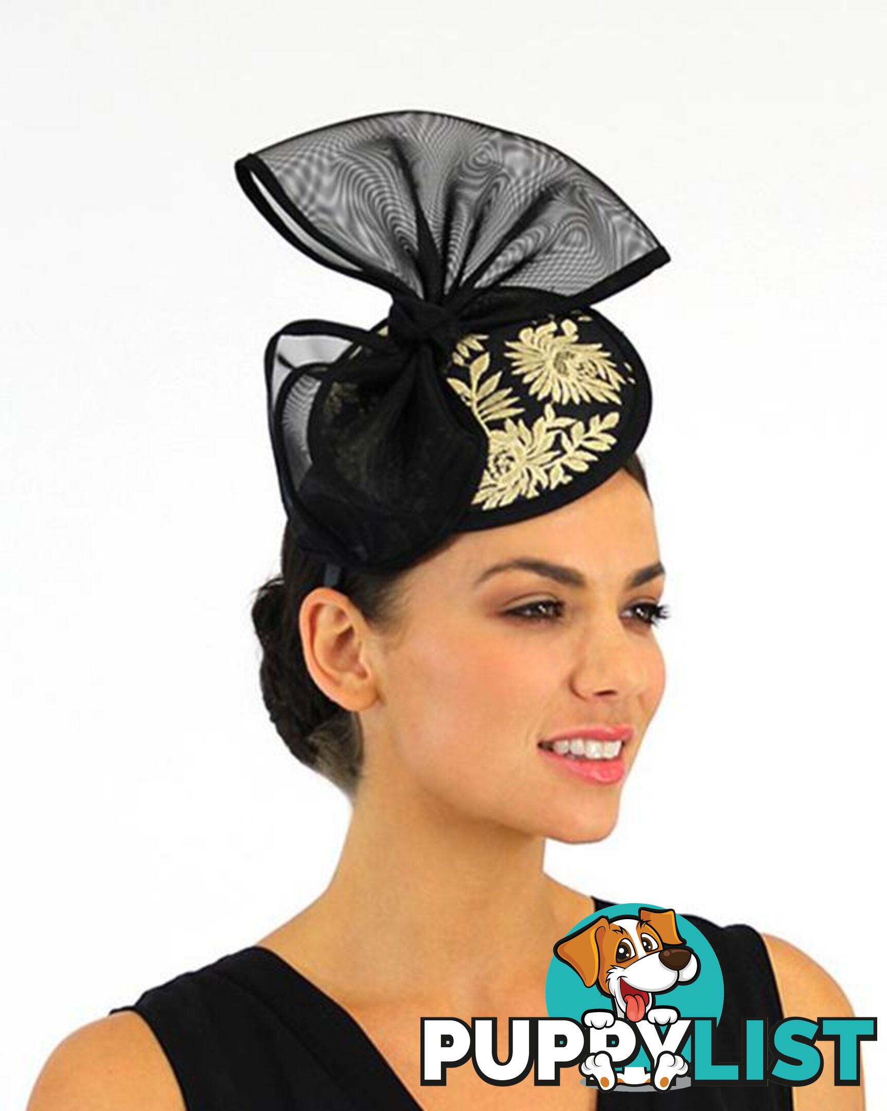 JENDI Black Bow Fascinator w/ Golden Embroidery