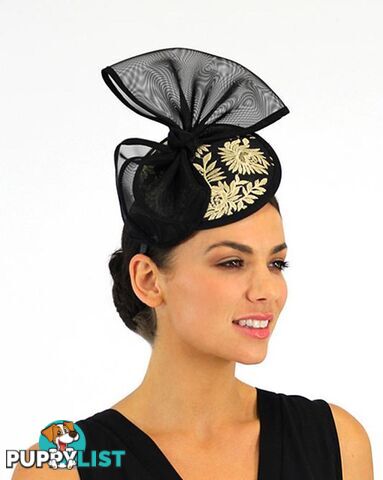 JENDI Black Bow Fascinator w/ Golden Embroidery