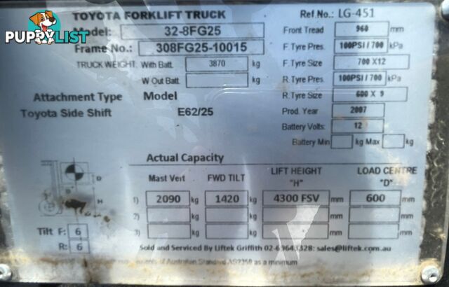 Used Toyota 32-8FG25 Deluxe Forklift For Sale