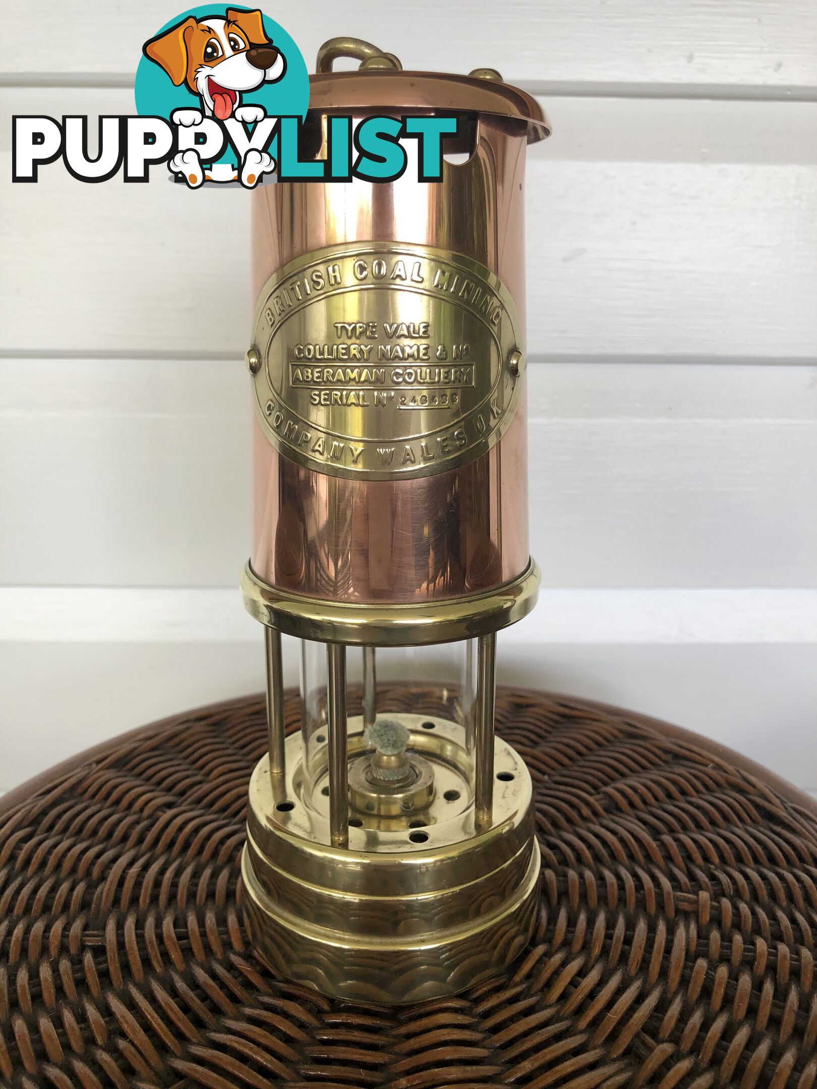 Vintage Solid Brass British Coal Mining Lamp – Original Welsh Davy Safety Lamp