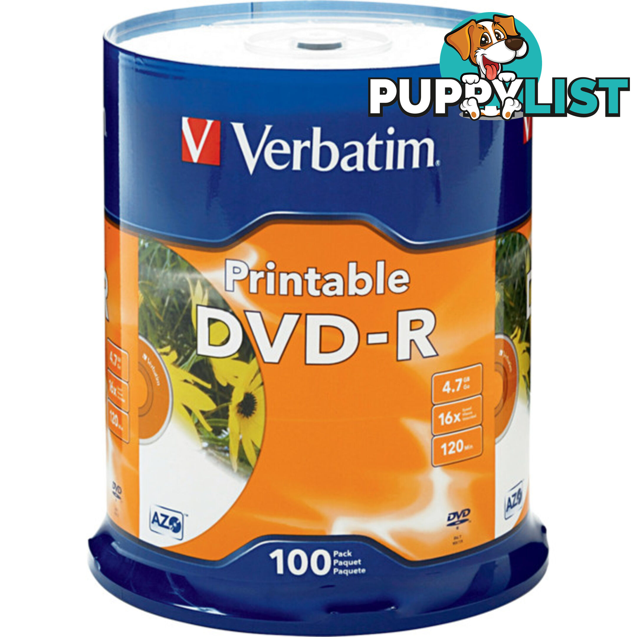 VDVD-R100P 100PK DVD-R PRINTABLE SPINDLE 16X 4.7GB VERBATIM