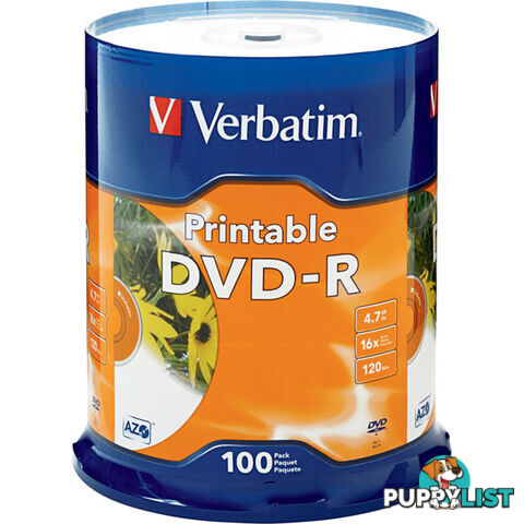 VDVD-R100P 100PK DVD-R PRINTABLE SPINDLE 16X 4.7GB VERBATIM