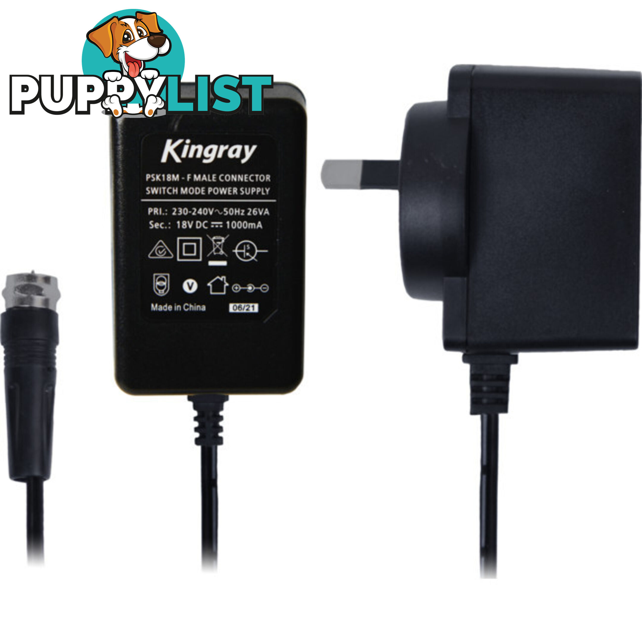 PSK18M 18V DC 500MA POWER SUPPLY 'F' TYPE DC PLUG KINGRAY