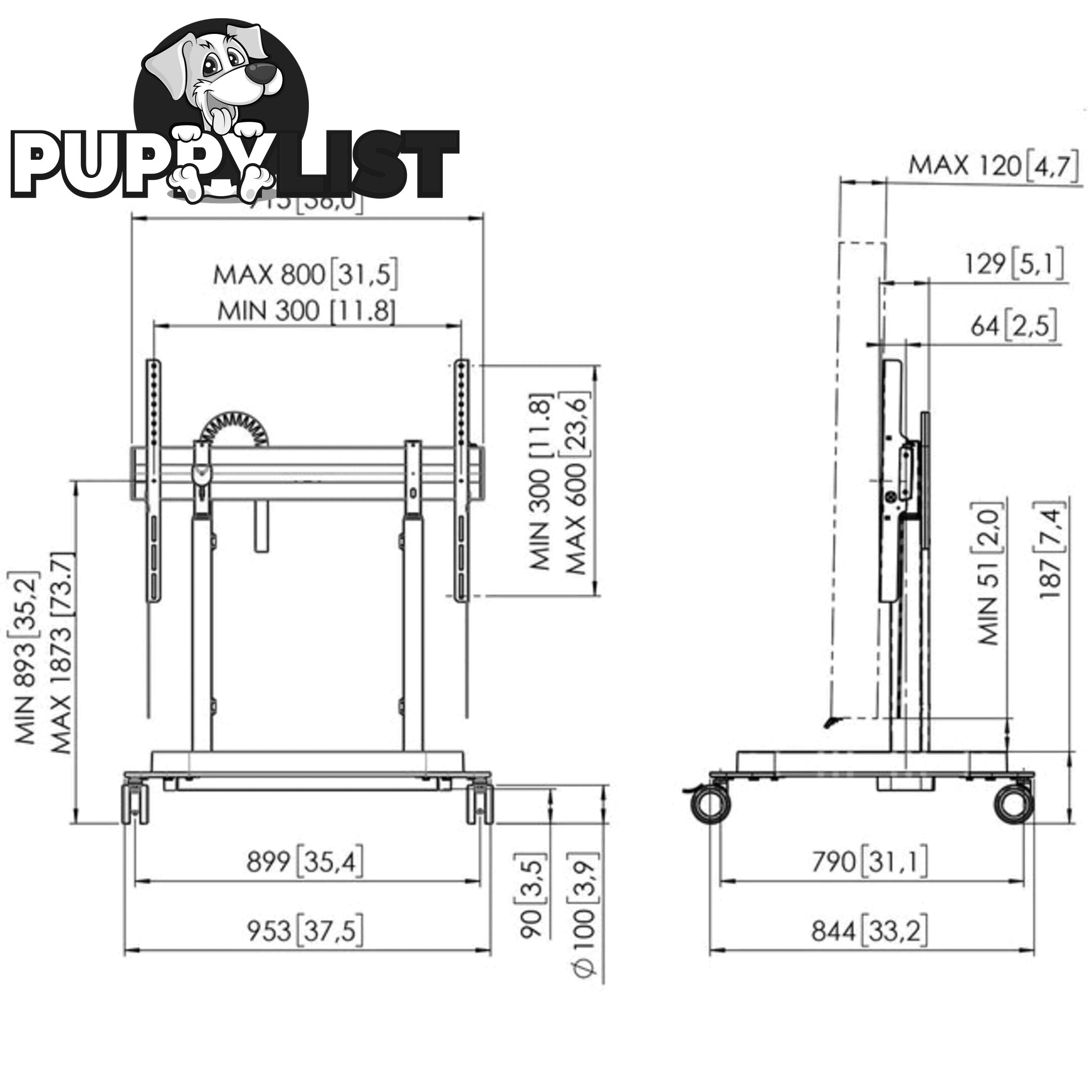 RISE5305 MOTORIZED DISPLAY LIFT TROLLEY - PREMIUM WHEELS 50MM PER SEC SPEED - UP TO 86" -120KG DISPLAY