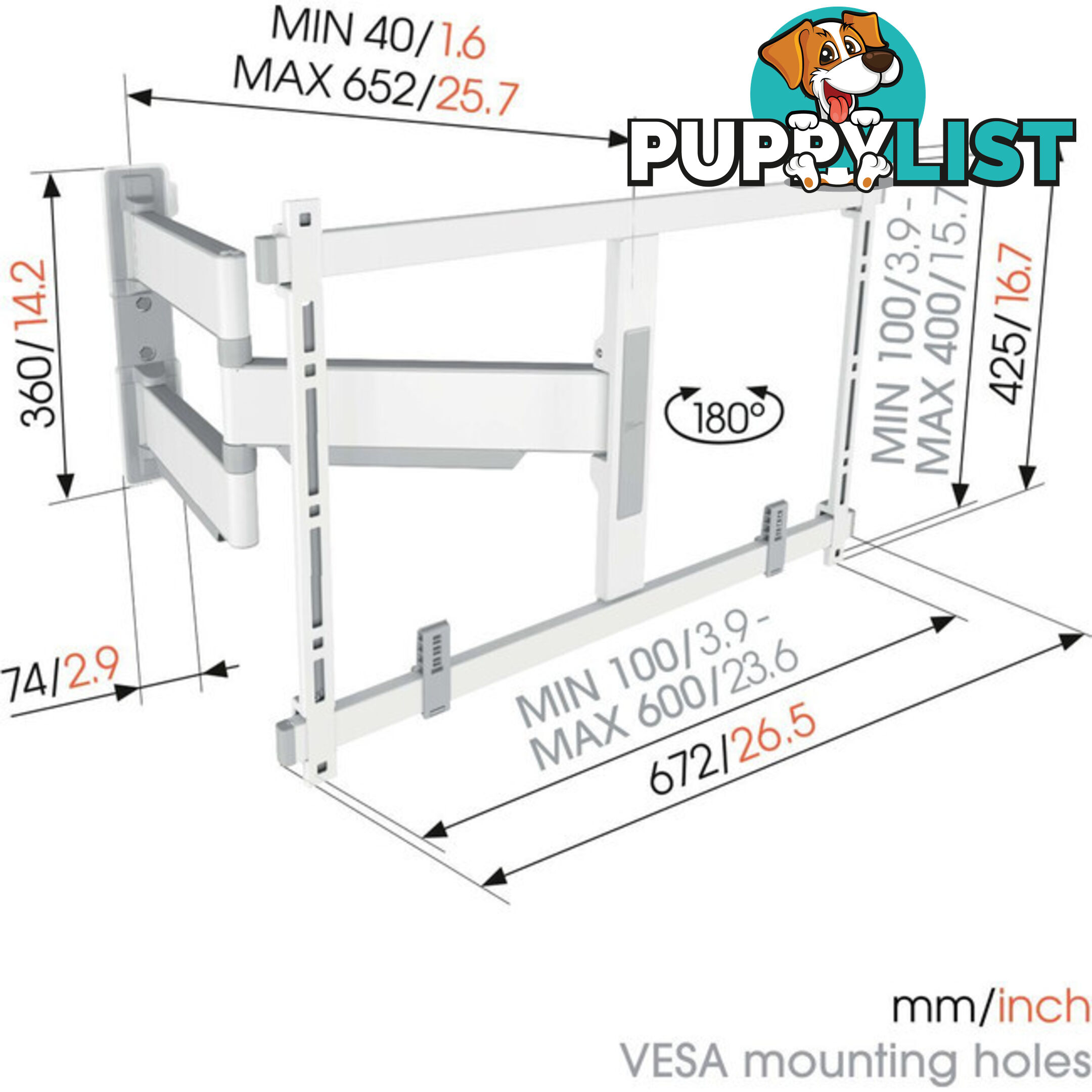 TVM5645W ELITE SERIES LARGE 40"-77" FULL MOTION WALL MOUNT MAX 100KG - WHITE