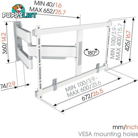 TVM5645W ELITE SERIES LARGE 40"-77" FULL MOTION WALL MOUNT MAX 100KG - WHITE