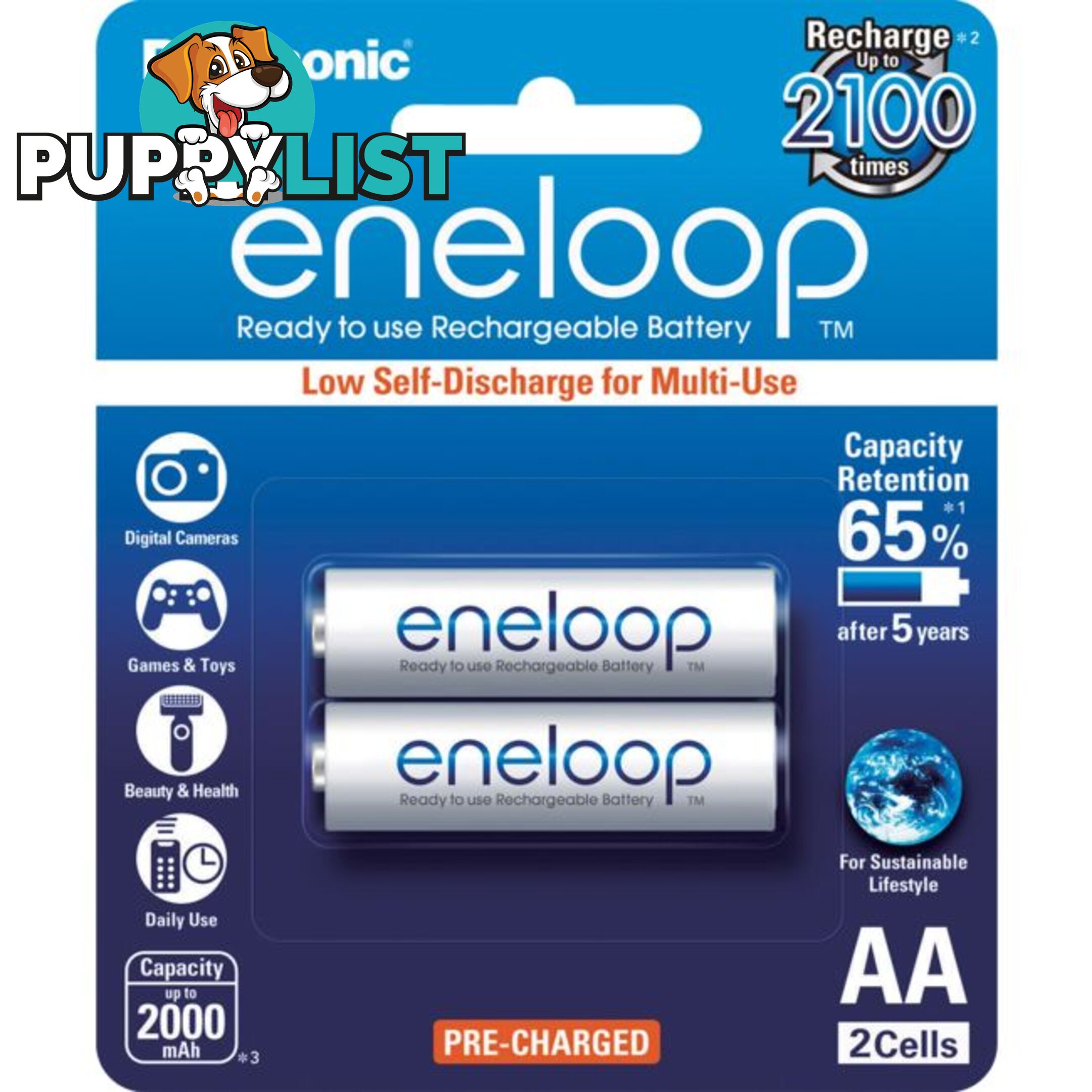 BK3MCCE2BA 2 PACK AA ENELOOP BATTERIES RECHARGEABLE LSD PANASONIC