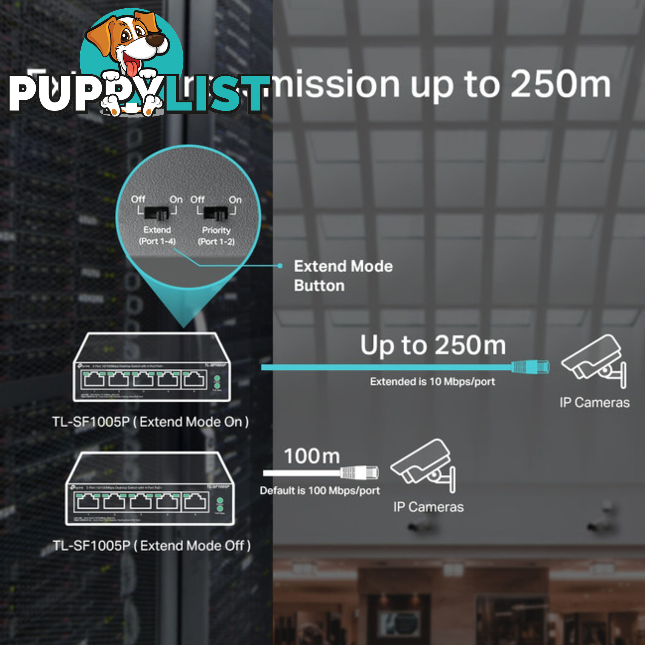 TLSF1005P 5 PORT 10/100 SWITCH 4 X POE+ 58W EXTEND MODE 250M