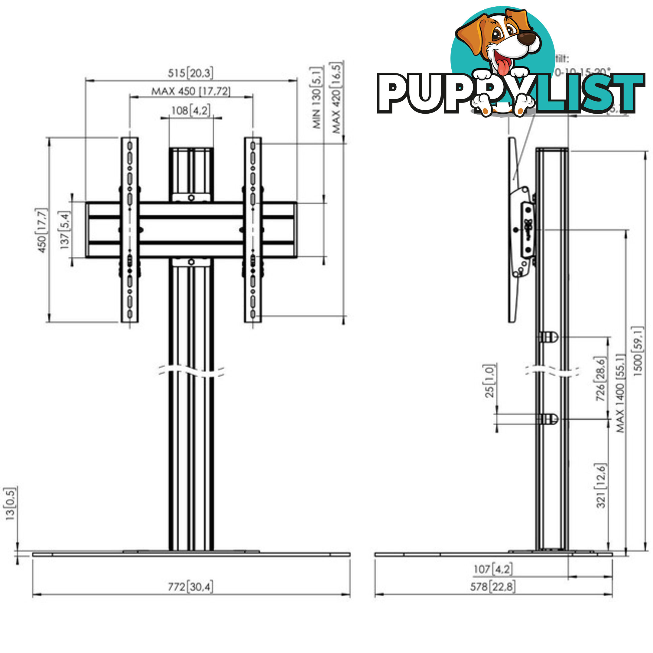 F1544B 1.5M SINGLE POLE FLOORSTAND 400 X 400 SUITS UPTO 65" 80KG