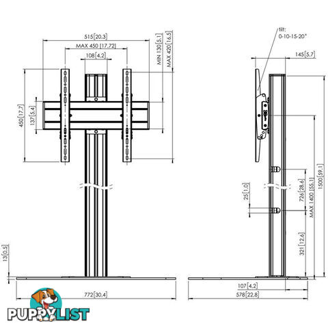 F1544B 1.5M SINGLE POLE FLOORSTAND 400 X 400 SUITS UPTO 65" 80KG