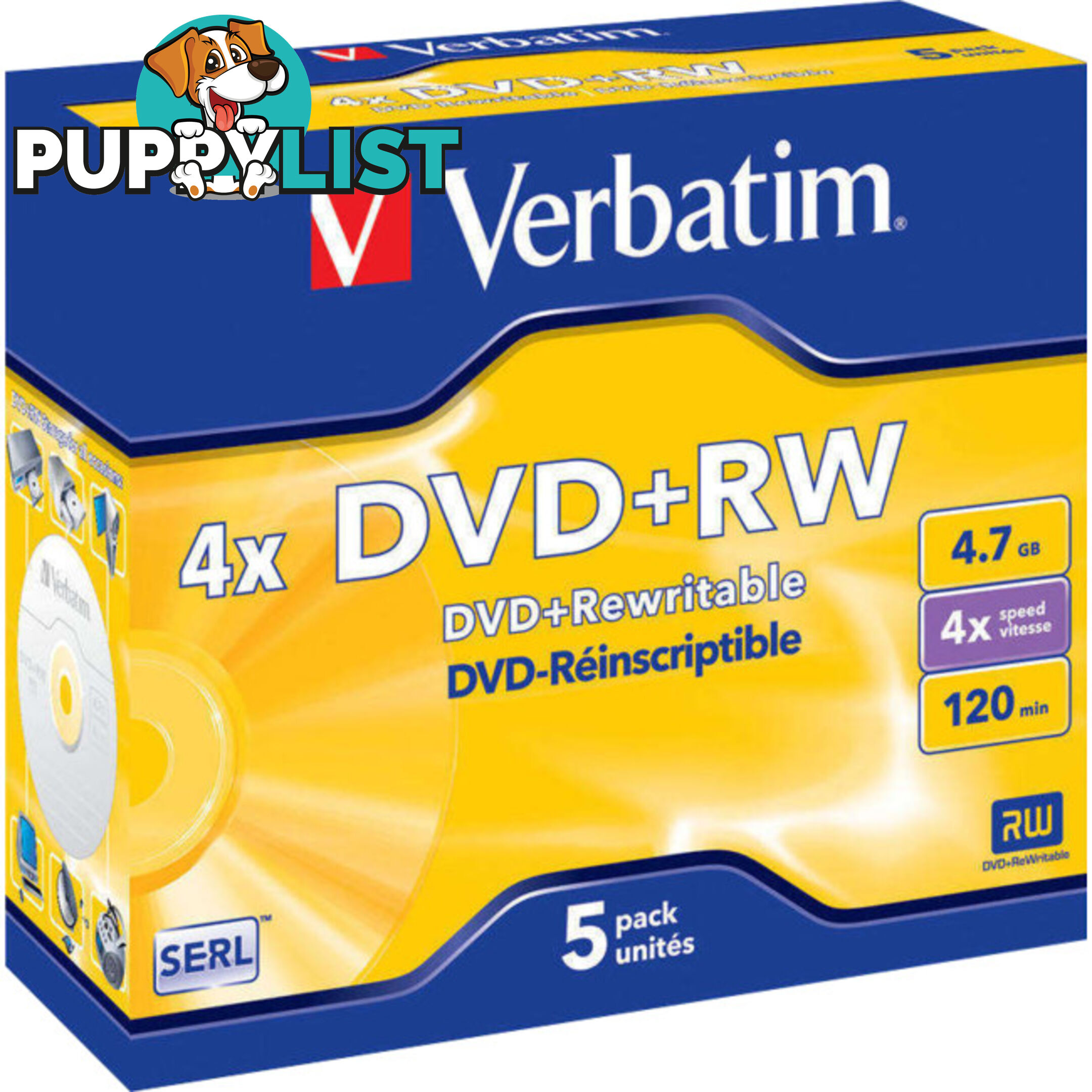 VDVD+RW5 5PK DVD+RW IN JEWEL CASE 1-4X 4.7GB VERBATIM