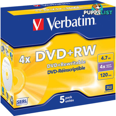 VDVD+RW5 5PK DVD+RW IN JEWEL CASE 1-4X 4.7GB VERBATIM