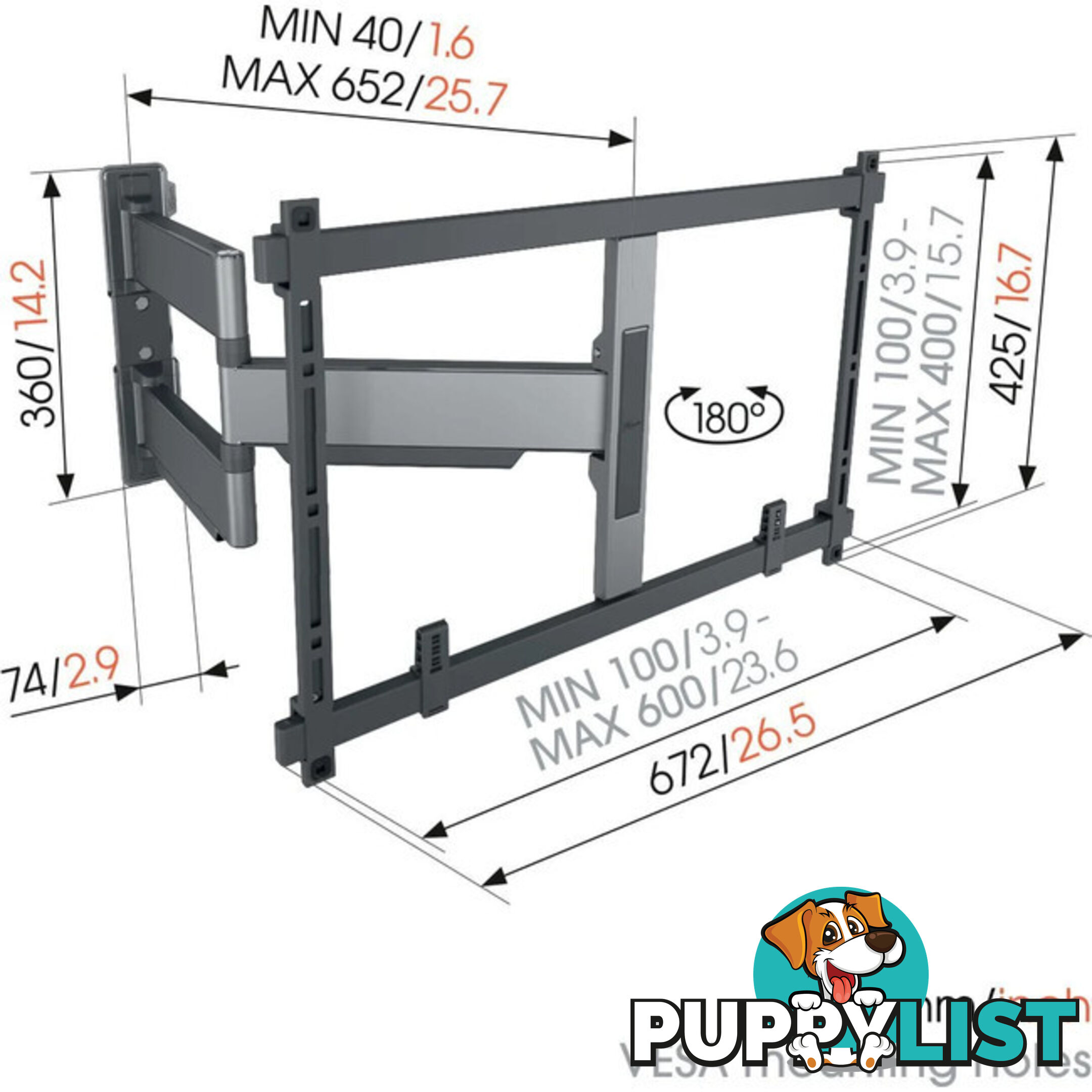 TVM5645 ELITE SERIES LARGE 40"-77" FULL MOTION WALL MOUNT MAX 100KG - GREY