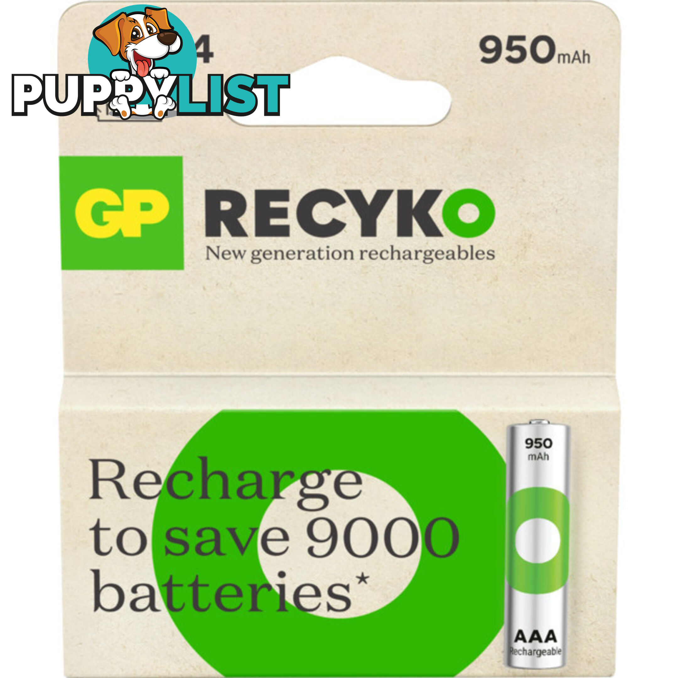 GP4AAA1000 RECYKO 950MAH AAA 4PK RECHARGEABLE BATTERIES GP