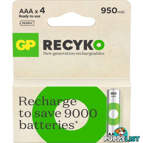 GP4AAA1000 RECYKO 950MAH AAA 4PK RECHARGEABLE BATTERIES GP