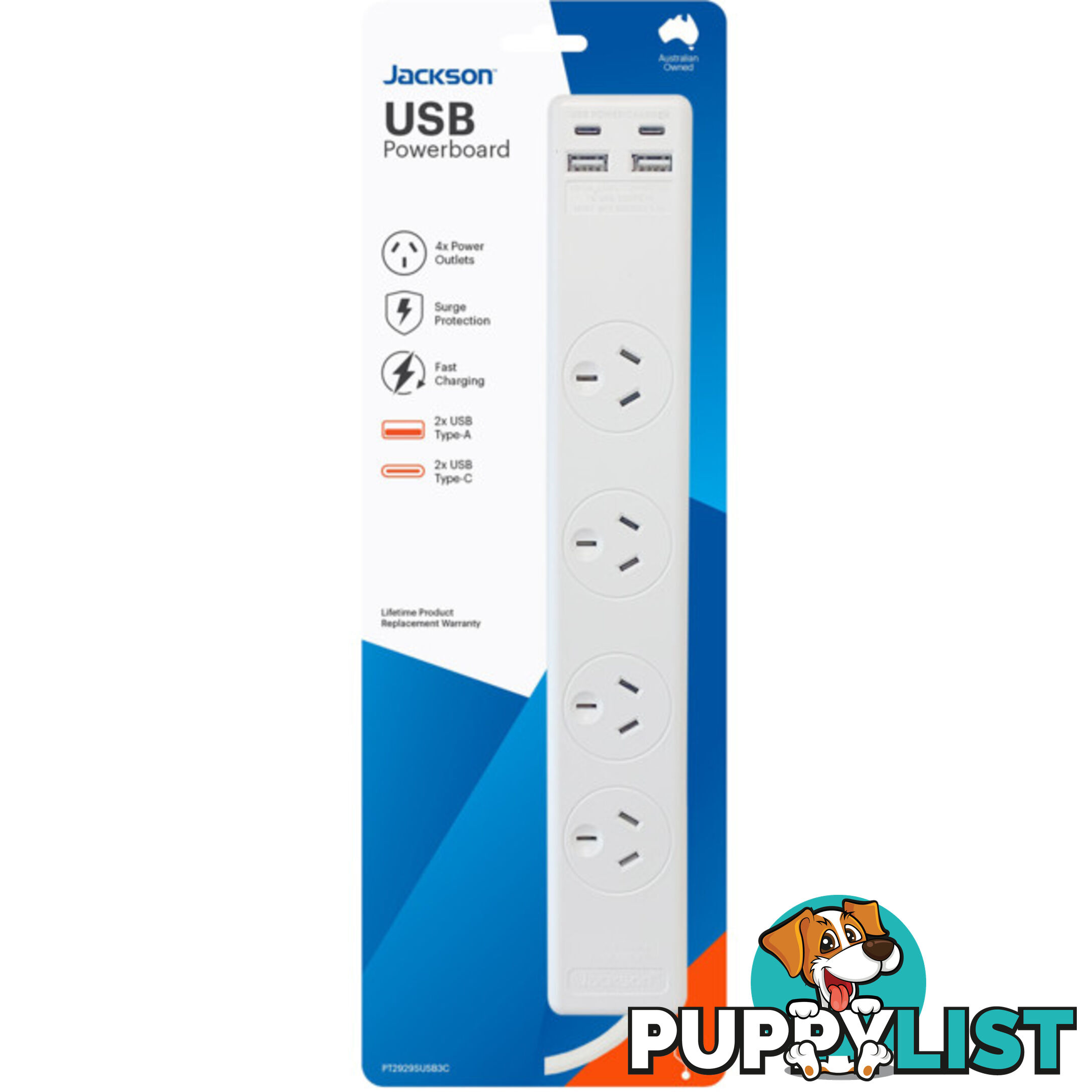 PT2929SUSB3C 4 WAY SURGE POWERBOARD WITH 2 X USB & 2 X USB-C PORTS