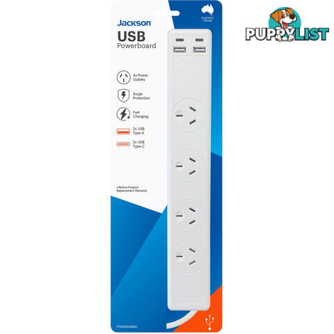 PT2929SUSB3C 4 WAY SURGE POWERBOARD WITH 2 X USB & 2 X USB-C PORTS