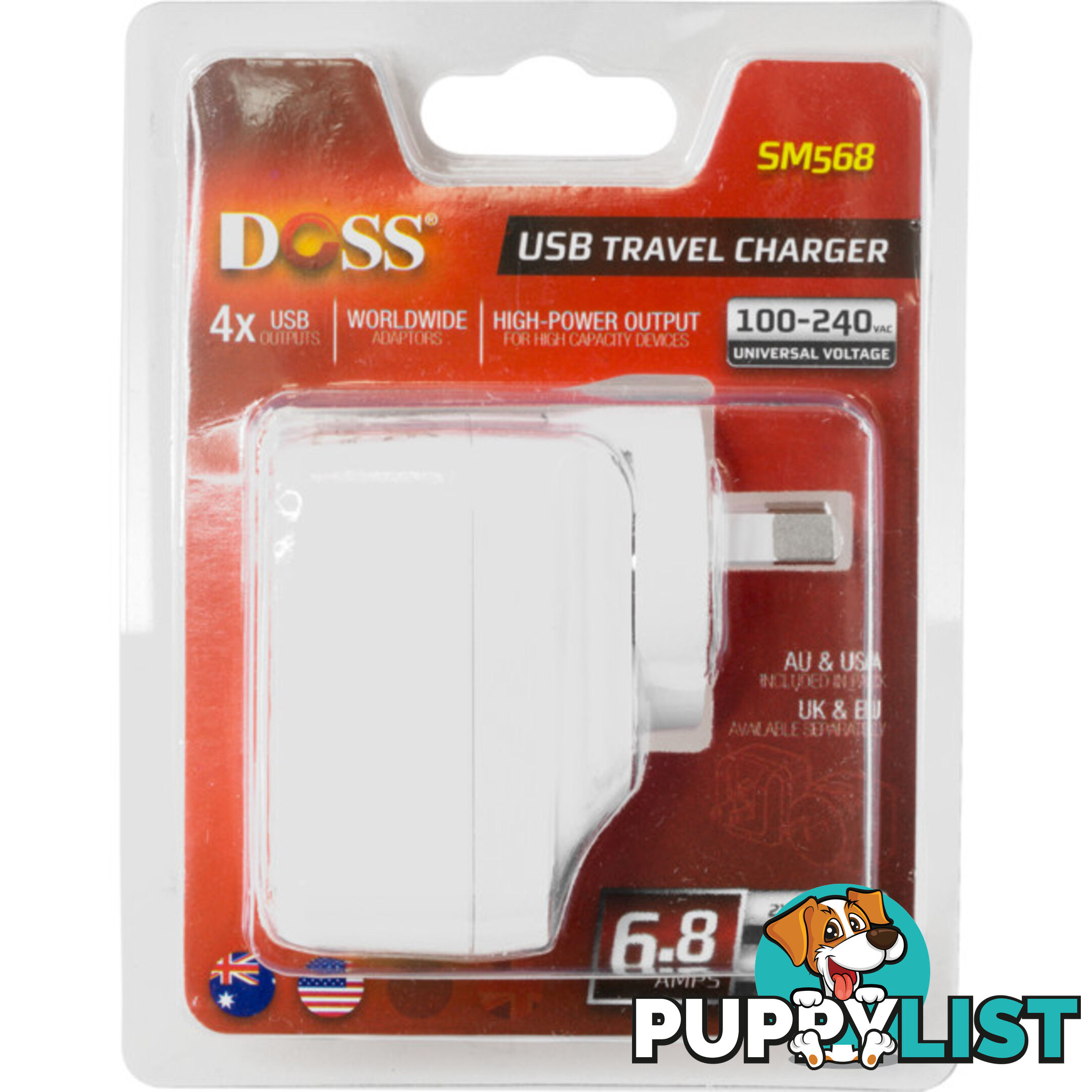 SM568W 5V 6.8A FOUR USB CHARGER WHITE INTERCHANGABLE TRAVEL ADAPTOR