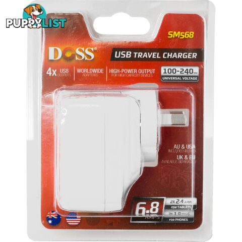 SM568W 5V 6.8A FOUR USB CHARGER WHITE INTERCHANGABLE TRAVEL ADAPTOR