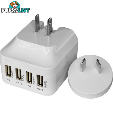 SM568W 5V 6.8A FOUR USB CHARGER WHITE INTERCHANGABLE TRAVEL ADAPTOR