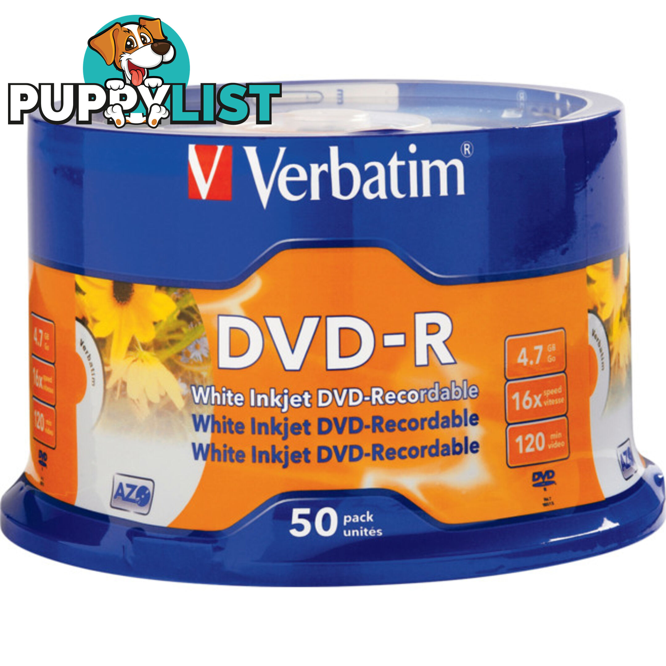 VDVD-R50P 50PK DVD-R PRINTABLE SPINDLE 16X 4.7GB VERBATIM