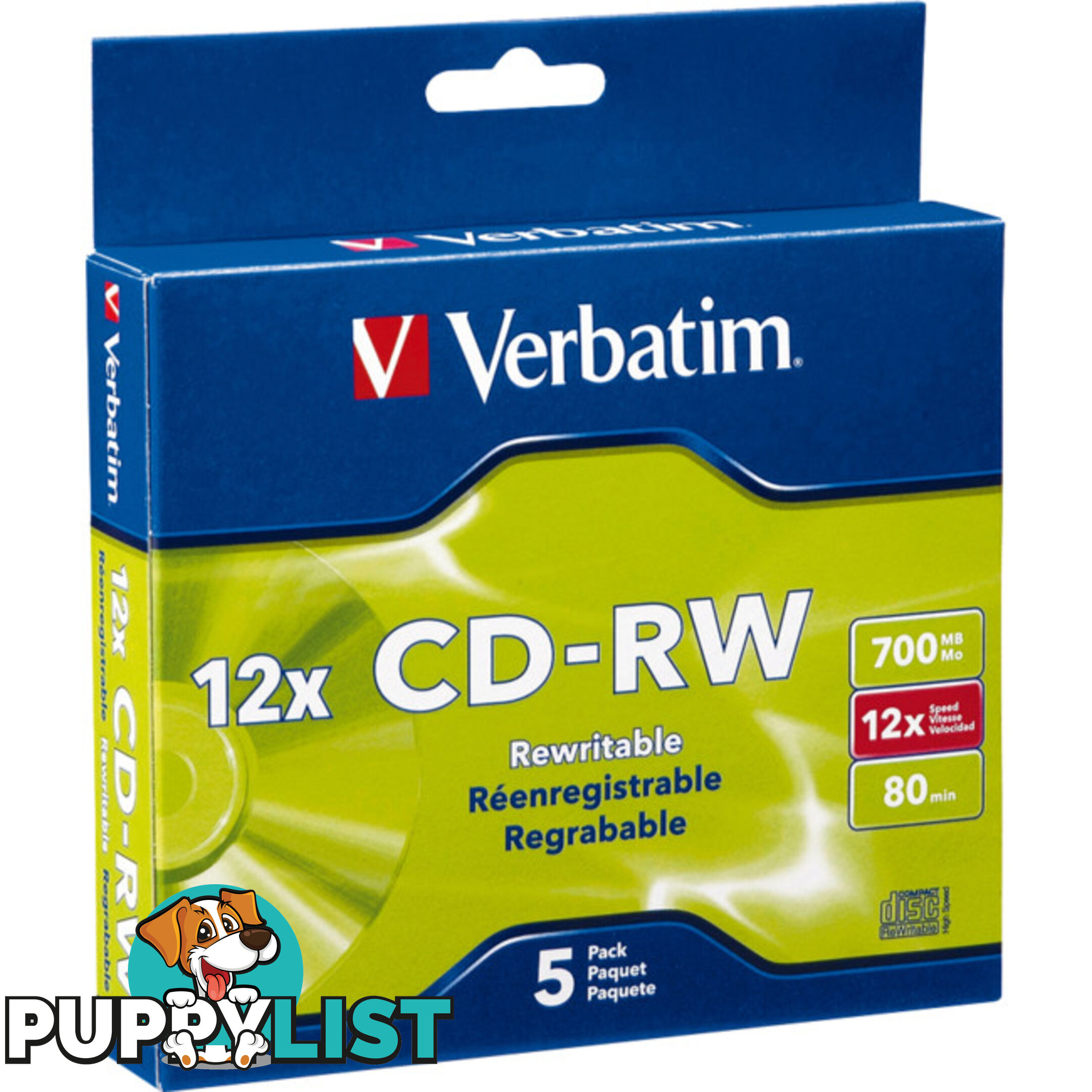 VCDRW-5US 5PK RE-WRITEABLE CD VERVATIM HIGH SPEED 4-12X SLIM CASE