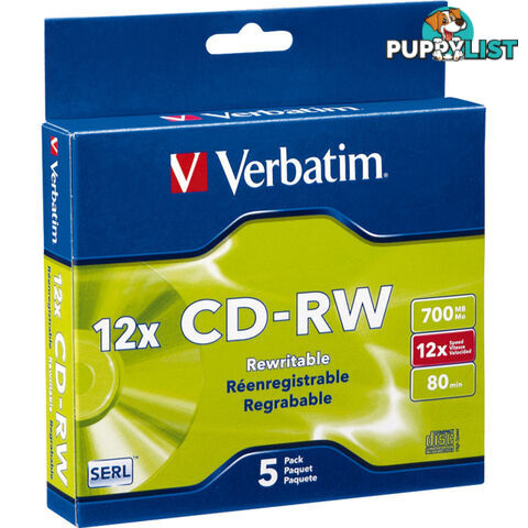 VCDRW-5US 5PK RE-WRITEABLE CD VERVATIM HIGH SPEED 4-12X SLIM CASE