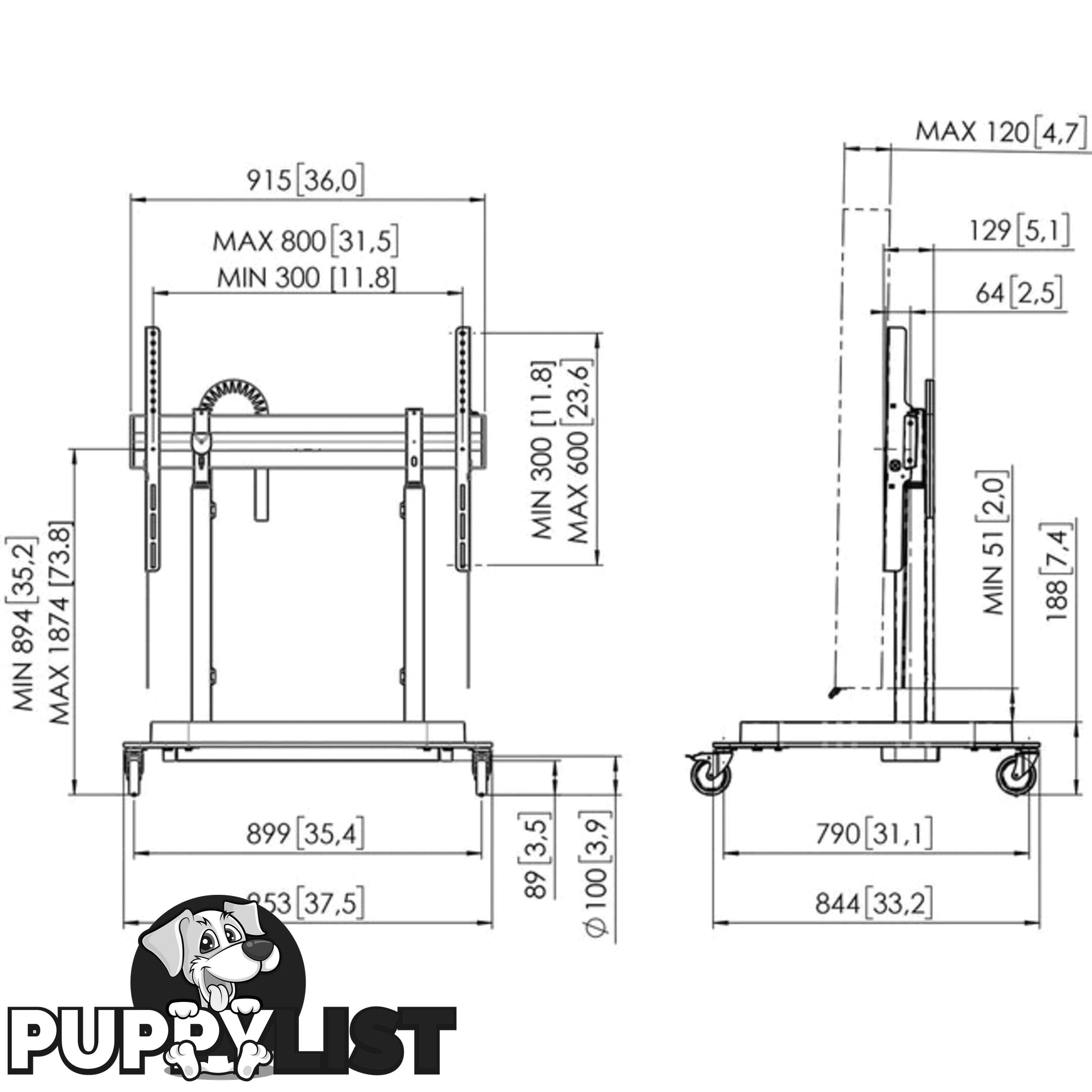 RISE5208 MOTORIZED DISPLAY LIFT TROLLEY- STANDARD WHEELS 80MM PER SEC SPEED - UP TO 86" -120KG DISPLAY