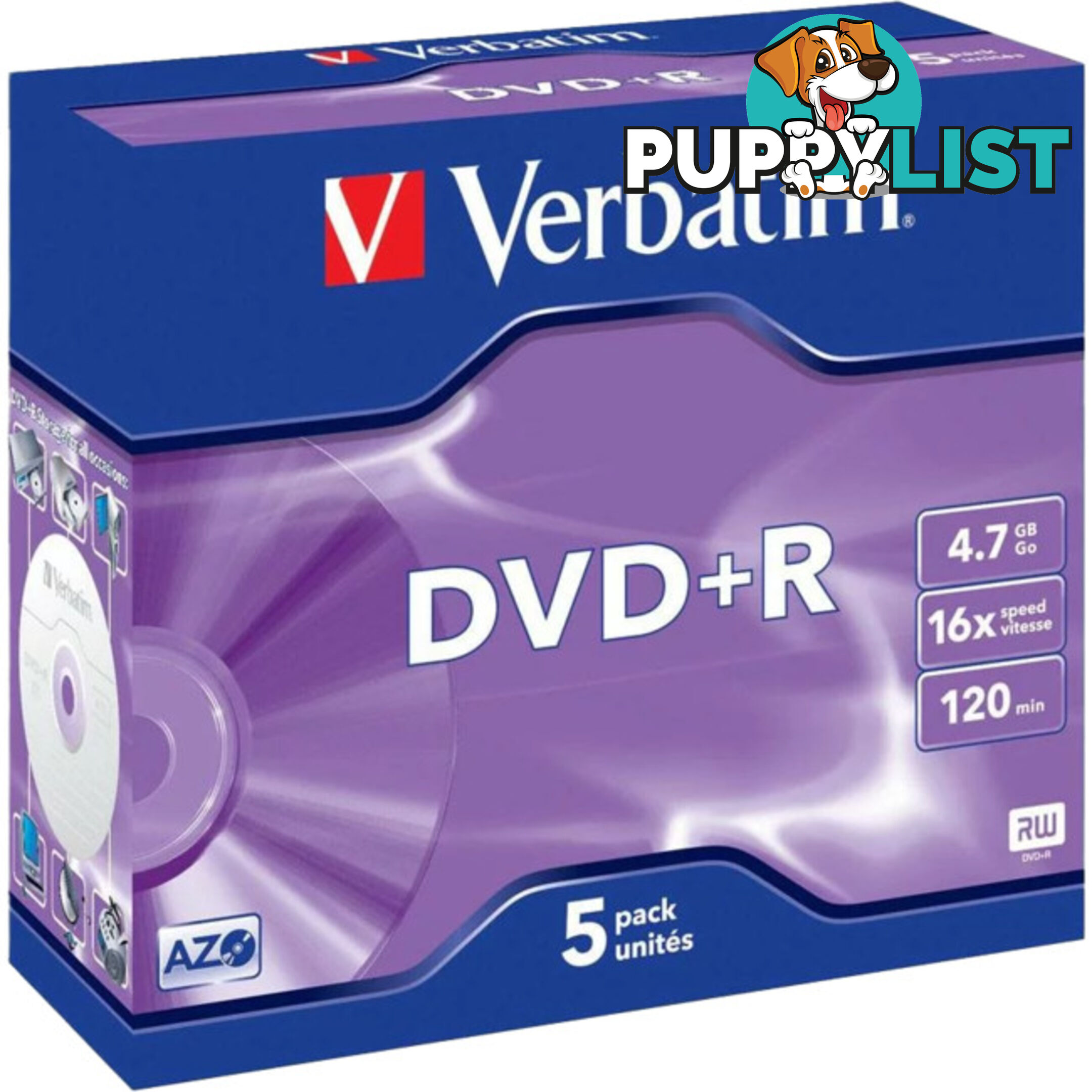 VDVD+R5 DVD+R 4.7GB 1-16X 5 PACK JEWEL CASES VERBATIM