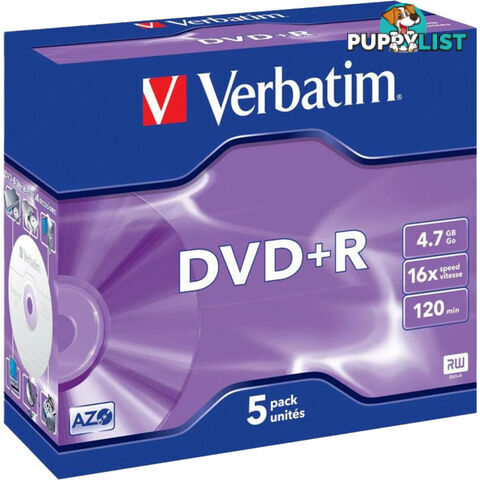 VDVD+R5 DVD+R 4.7GB 1-16X 5 PACK JEWEL CASES VERBATIM