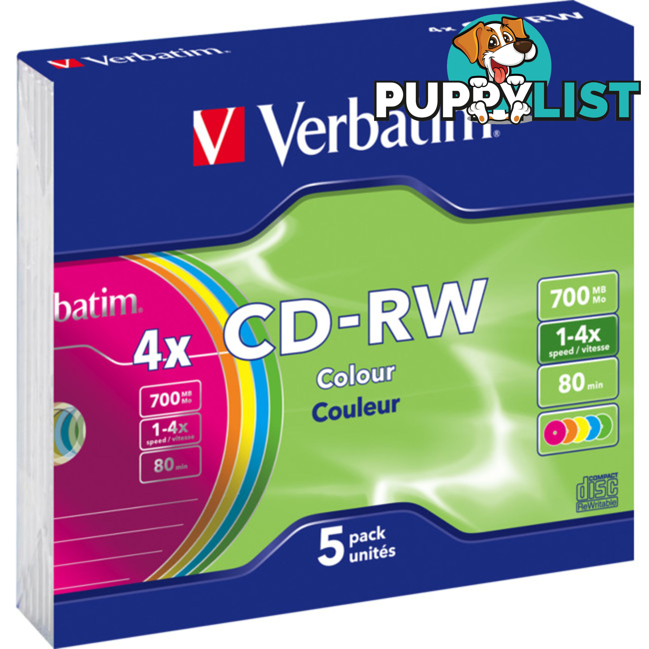 VCDRW-5 VERBATIM CD-RW 5PK 2X-4X COLOURED SLIM CASE