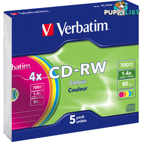 VCDRW-5 VERBATIM CD-RW 5PK 2X-4X COLOURED SLIM CASE