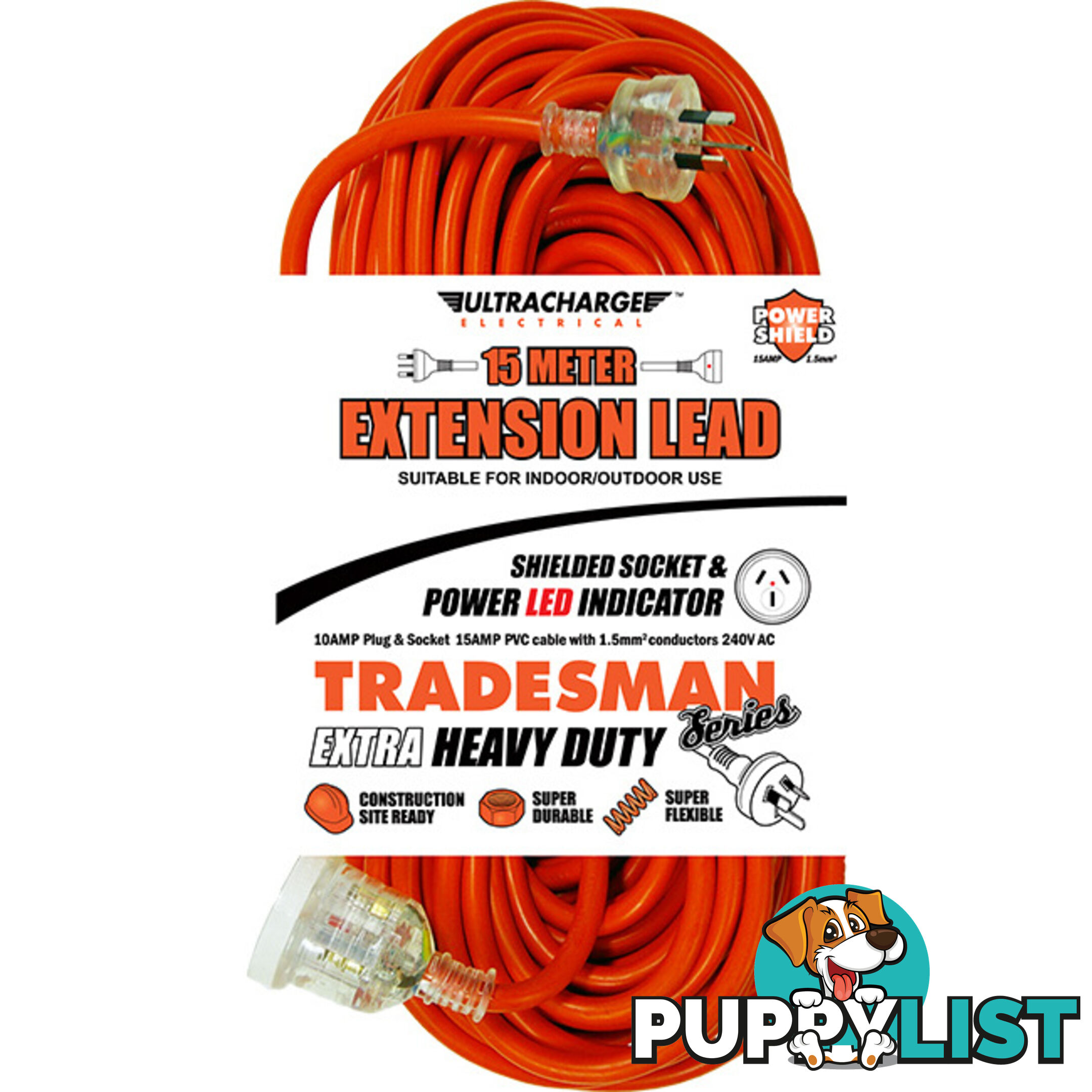 UR24015T 15M HEAVY DUTY EXTENSION LEAD TRADESMAN- ORANGE& CLEAR PLUG