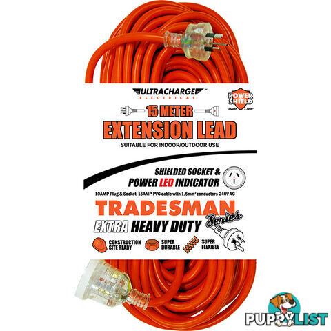 UR24015T 15M HEAVY DUTY EXTENSION LEAD TRADESMAN- ORANGE& CLEAR PLUG