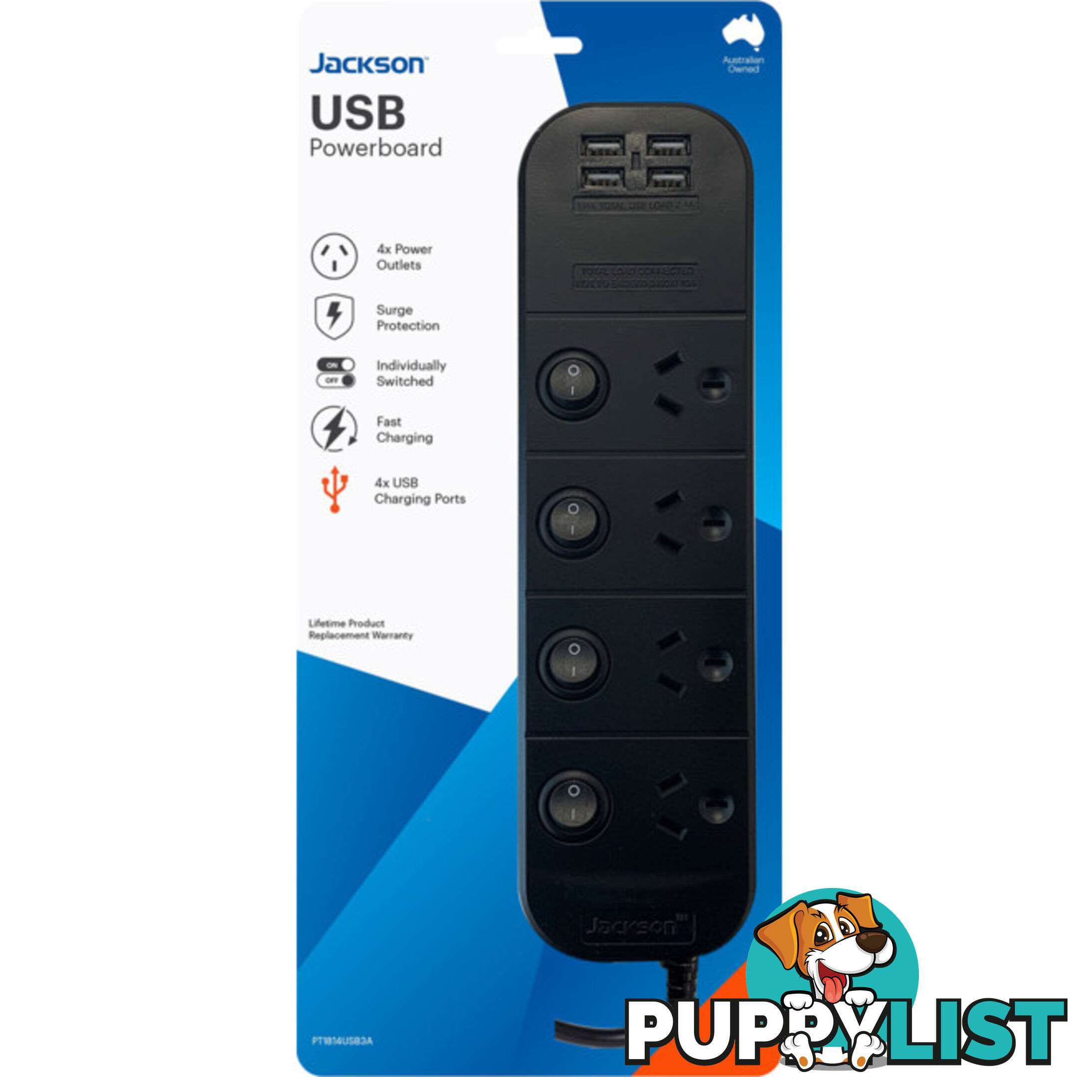 PT1814USB3A 4 OUTLET SWITCHED POWERBOARD WITH USB CHARGING