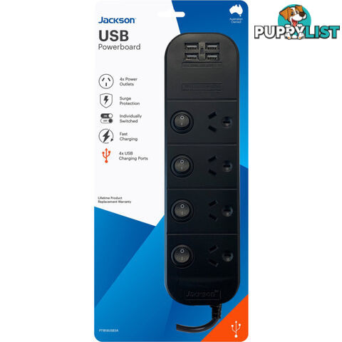 PT1814USB3A 4 OUTLET SWITCHED POWERBOARD WITH USB CHARGING