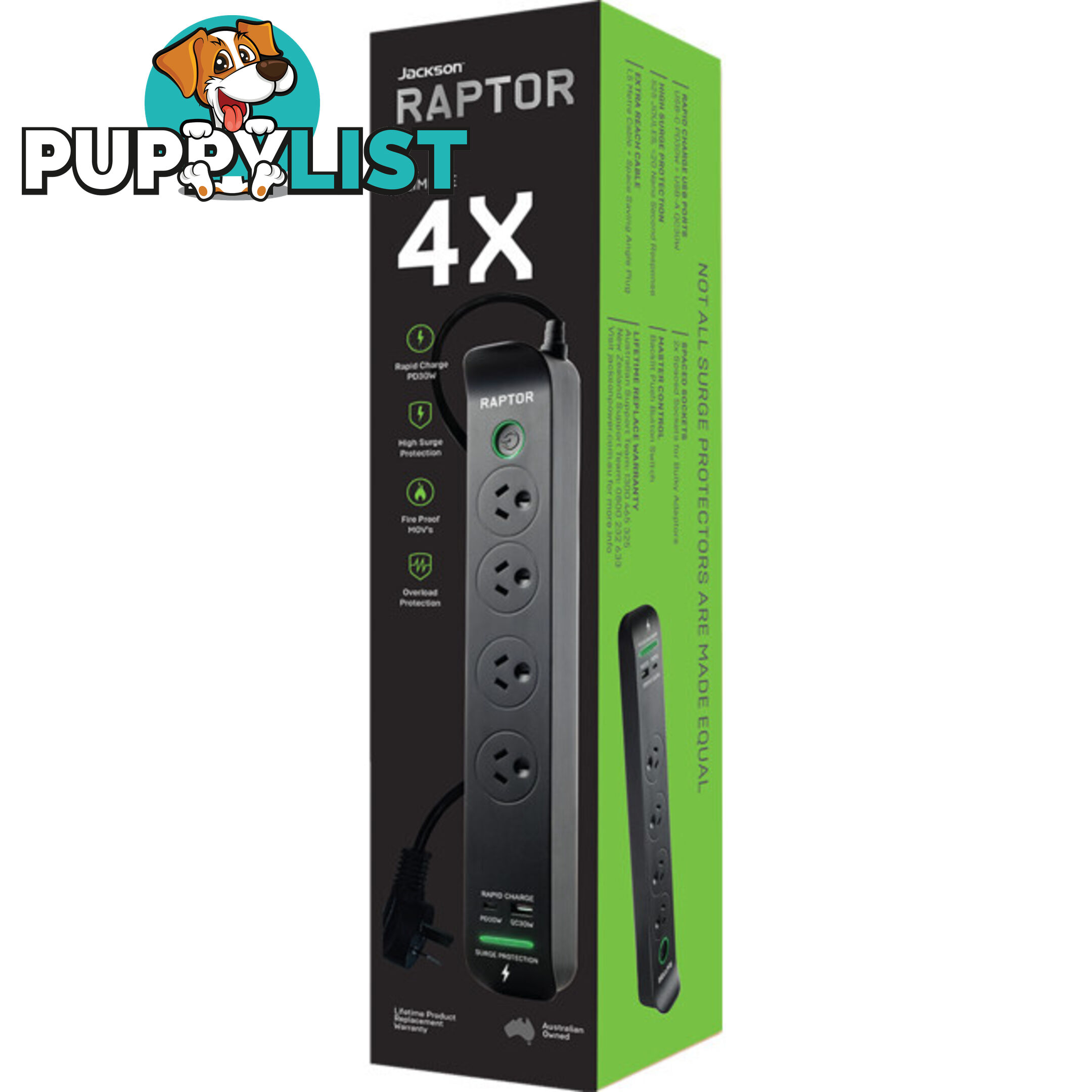 RAP4 RAPTOR 4 WAY SURGE PROTECTED POWERBOARD 30W PD USB-C 30W QC USB-A