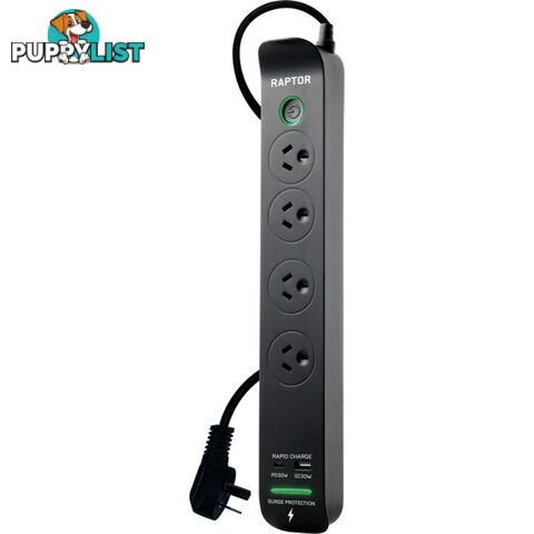 RAP4 RAPTOR 4 WAY SURGE PROTECTED POWERBOARD 30W PD USB-C 30W QC USB-A