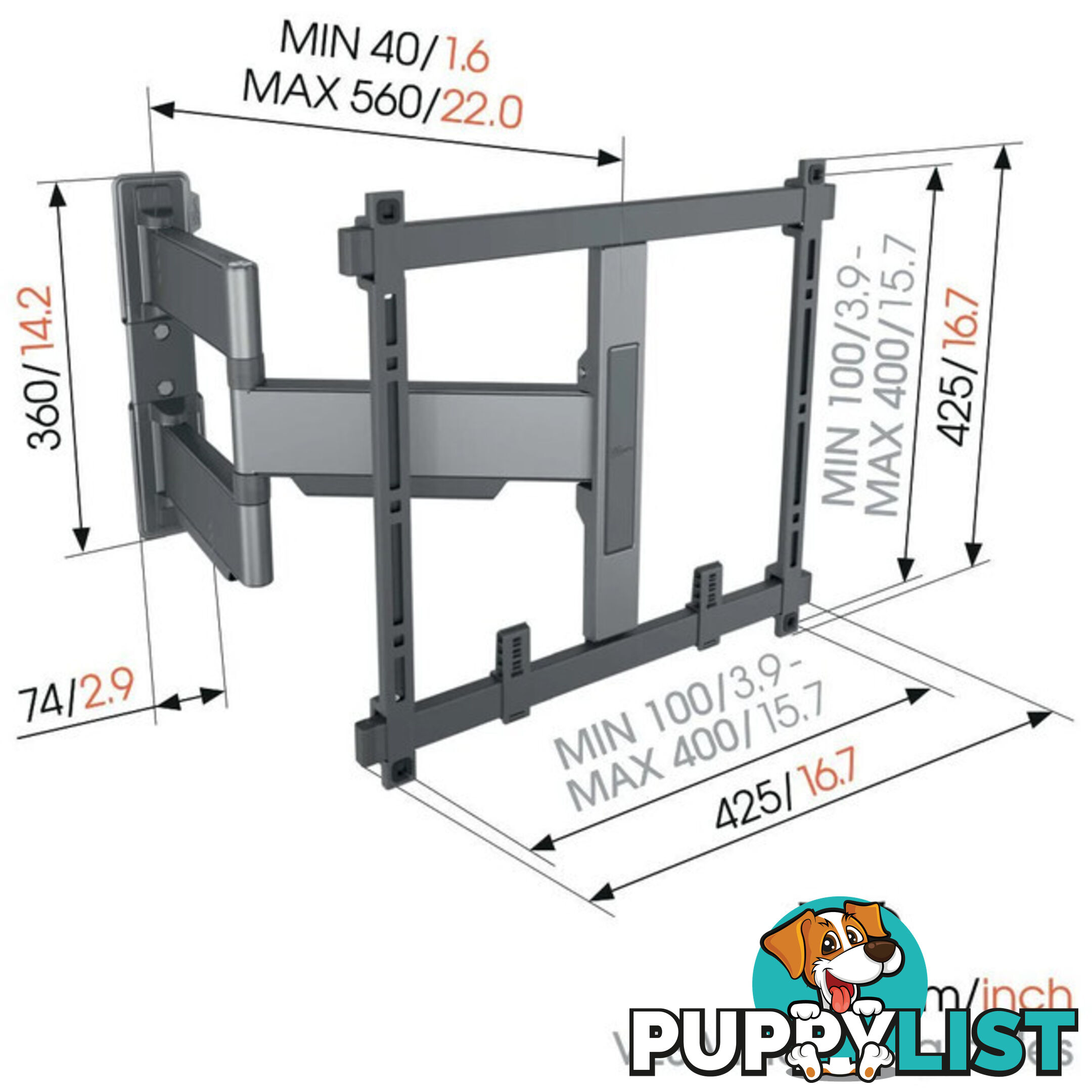 TVM5445 ELITE SERIES FULL MOTION+ 32"-65" WALL MOUNT GREY - PIVOT UP TO 180Â° - MAX VESA 400X400