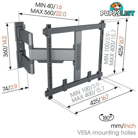 TVM5445 ELITE SERIES FULL MOTION+ 32"-65" WALL MOUNT GREY - PIVOT UP TO 180Â° - MAX VESA 400X400